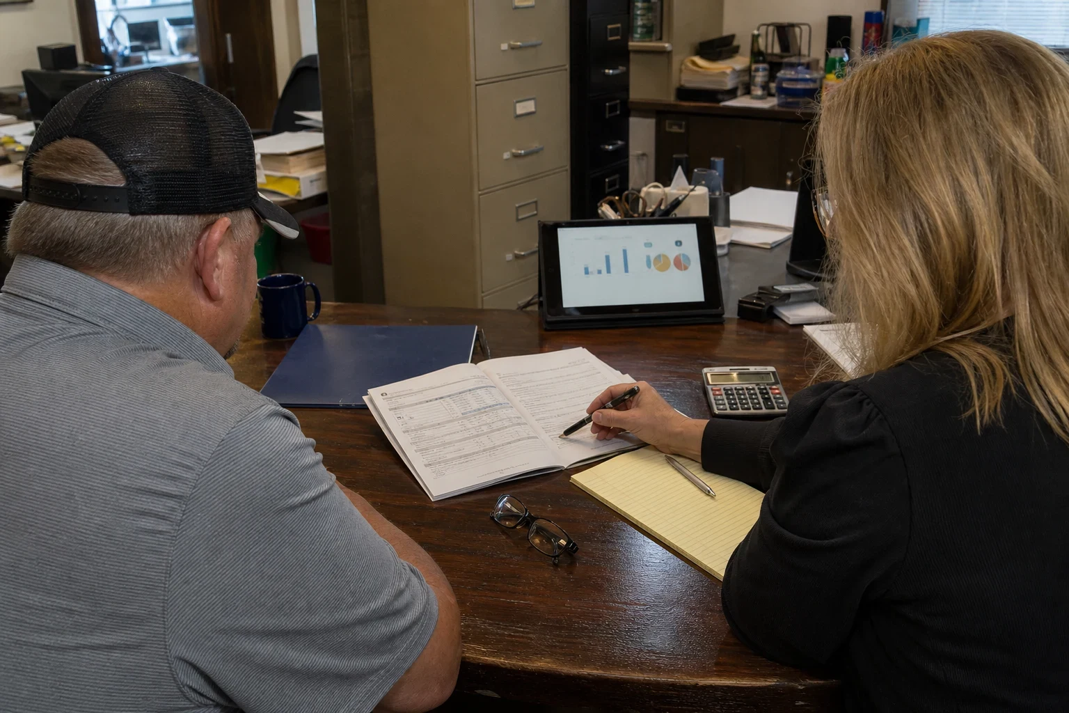 An agent points a pen at an open policy booklet while a man in a cap watches, at a wooden office desk with a calculator, legal pad, tablet chart and filing cabinets.