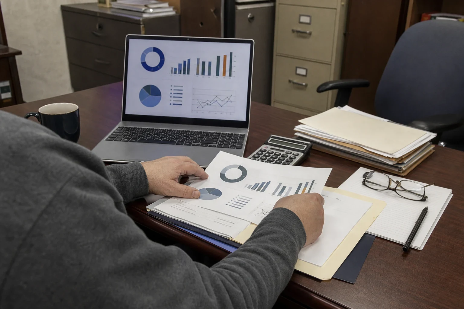 Person in a gray sweater reviews printed charts at an office desk with a laptop, calculator, folders and glasses, filing cabinets behind