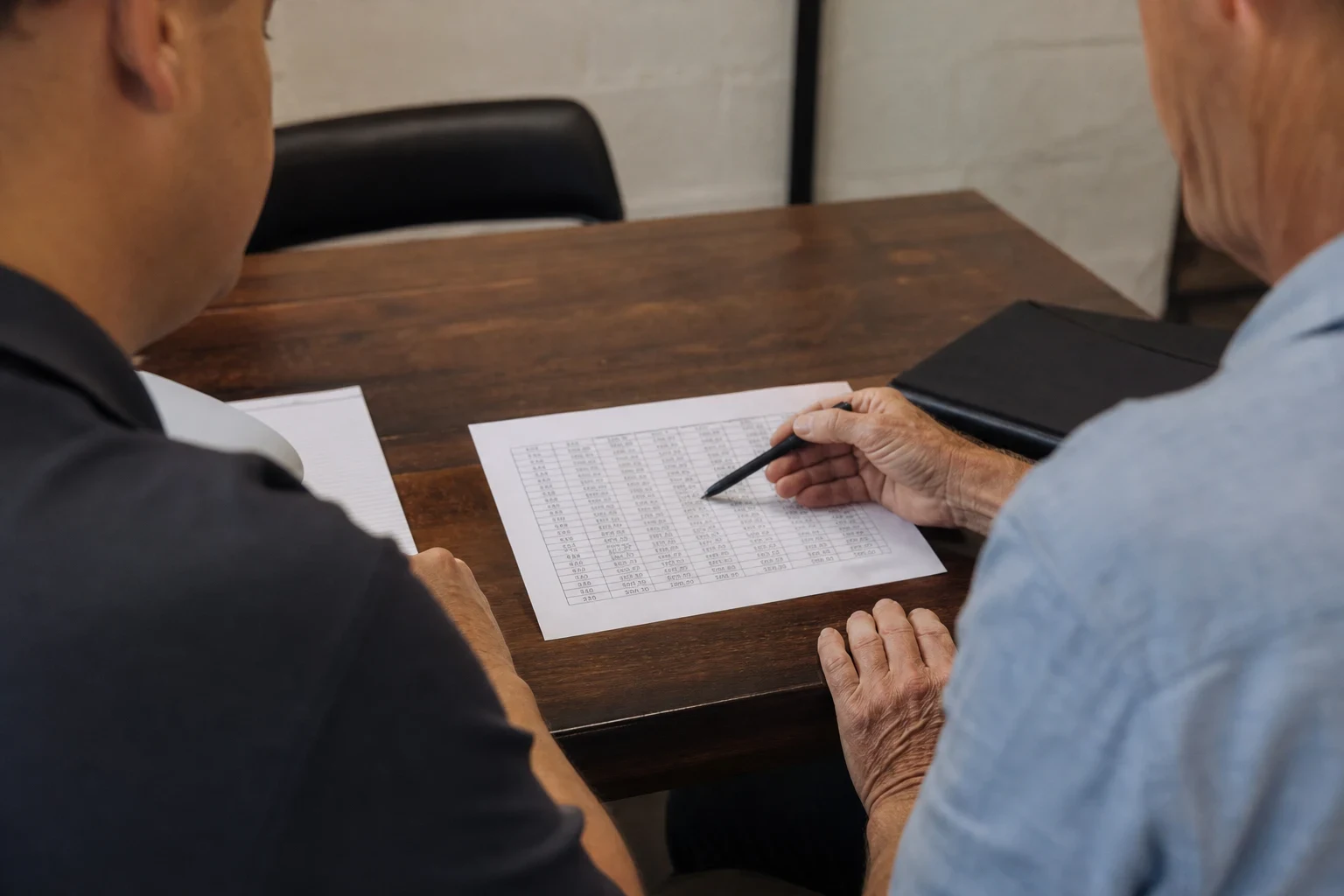 Two men seated at a dark wooden table reviewing a printed table of figures, one pointing with a pen, beside a notepad and black folder against a white brick wall